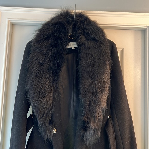 Calvin Klein Belted Faux Fur Collar Wool Coat - 8 - Picture 6 of 9